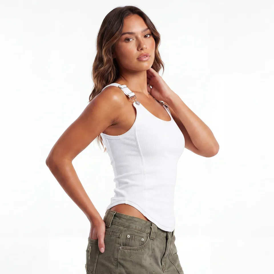 Chic Women Ribbed Tank Top with Metal Buckle Straps