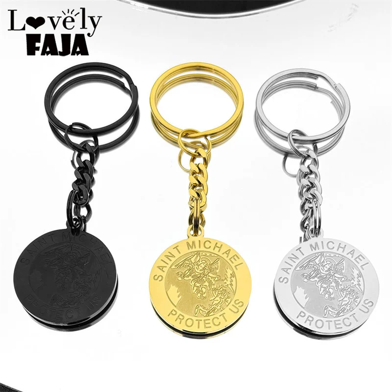 

SAINT MICHAEL PROTECT US Archangel Stainless Steel Round Medal Key Chain for Women Men Gold Color Religious Amulet Jewelry
