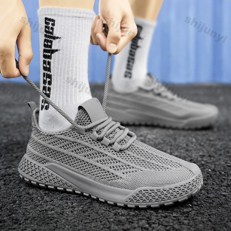Men White Sneakers Summer Breathable Fly Weave Mesh Sports Running Shoes Lightweight Comfortable Fashion Cross Tied Casual Shoes