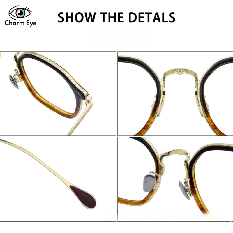 التدرج الشاي الذهب نظارات الرجال اليدوية التيتانيوم النقي مربع البصرية خلات النظارات الإطار النساء قصر النظر القراءة مكتب النظارات #5