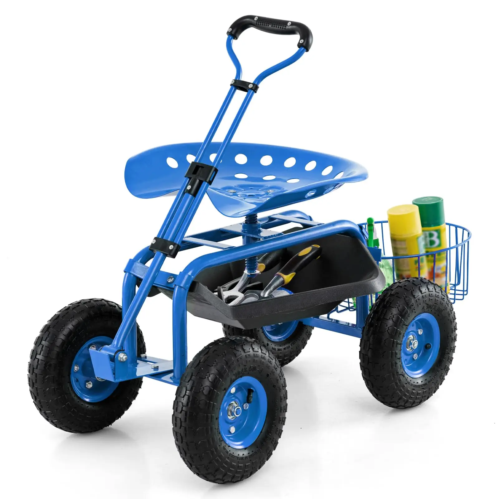 Rolling Garden Cart with Seat, Outdoor Garden Stool with Wheels, Tool Tray & Basket, Adjustable Steering Handle, 360