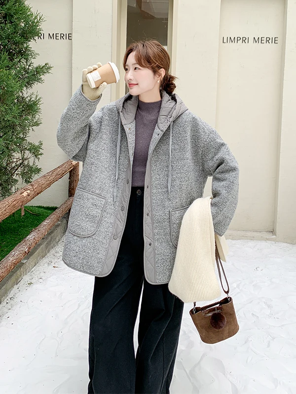 Veste en laine à capuche pour femme, automne-hiver, décontractée, polyvalente, chaude, blanche, duvet, vêtements d'extérieur