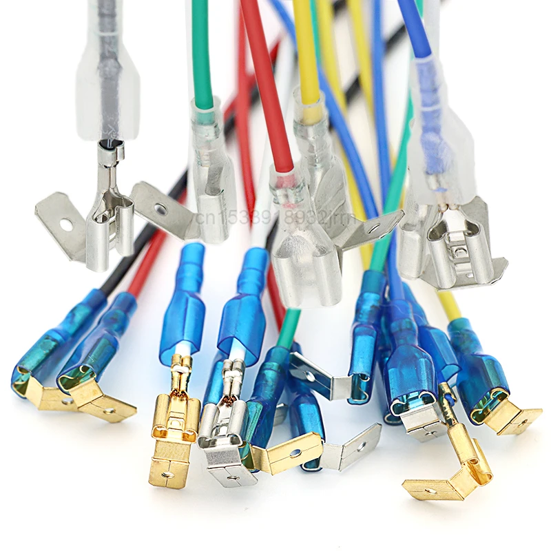 10Sets 6.3mm / 4.8mm Against Crimp Terminal Splice Male Female 2 in 1 Spade Connector Terminal With 16cm Wire and Sheath