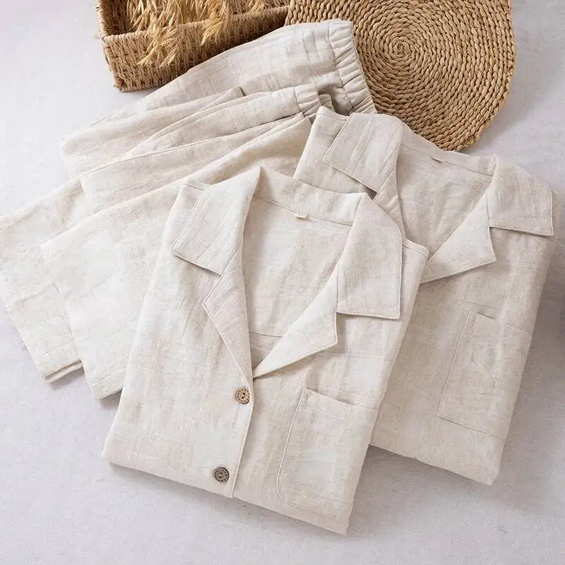 

Простые однотонные хлопковые льняные брюки, пижамный комплект для пар, весенне-осенний тонкий мужской и женский домашний костюм