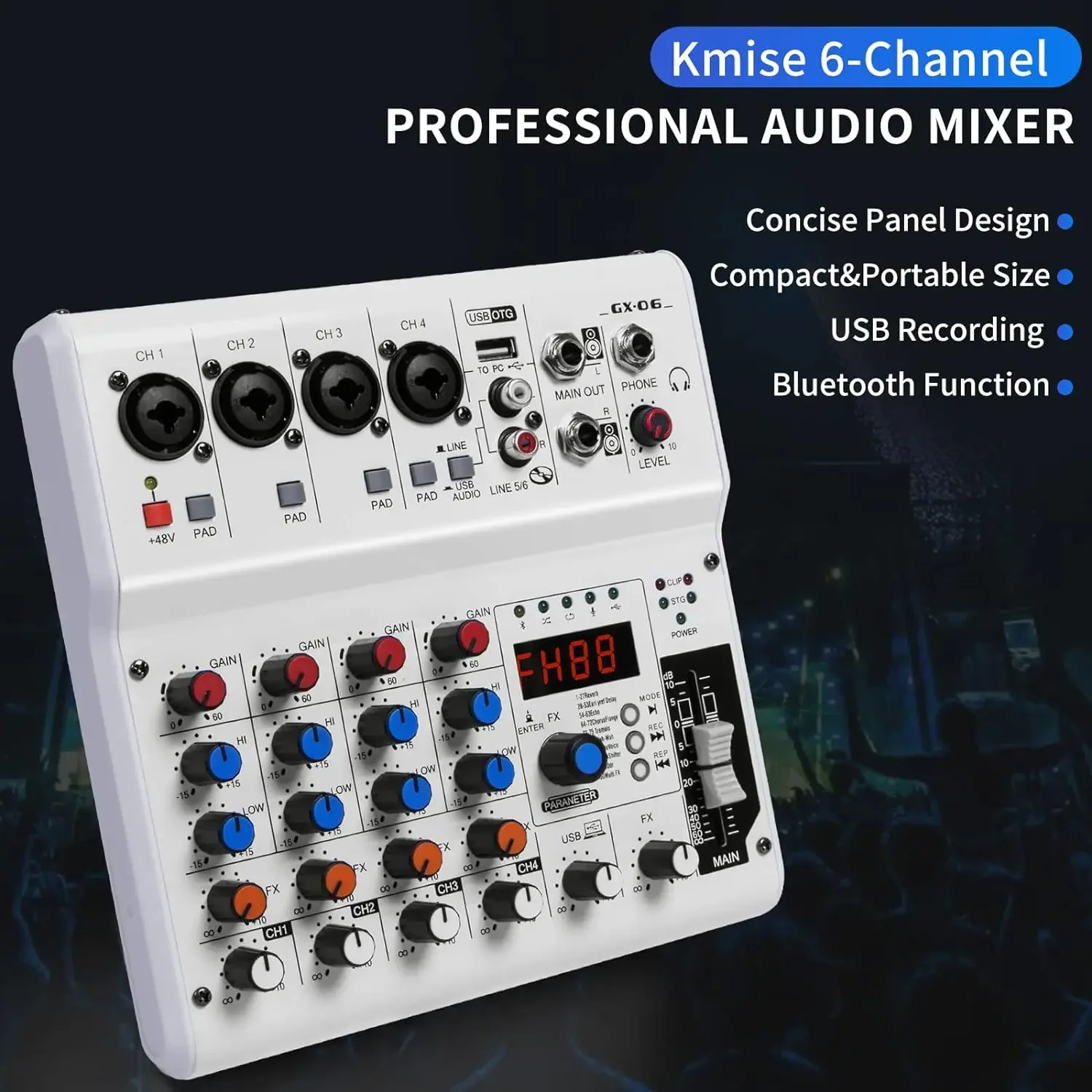 Portable Sound Mixing Console 6-Channel Audio Mixer with 99 Sound Effects for PC, Live Streaming, Podcasting, DJ Show