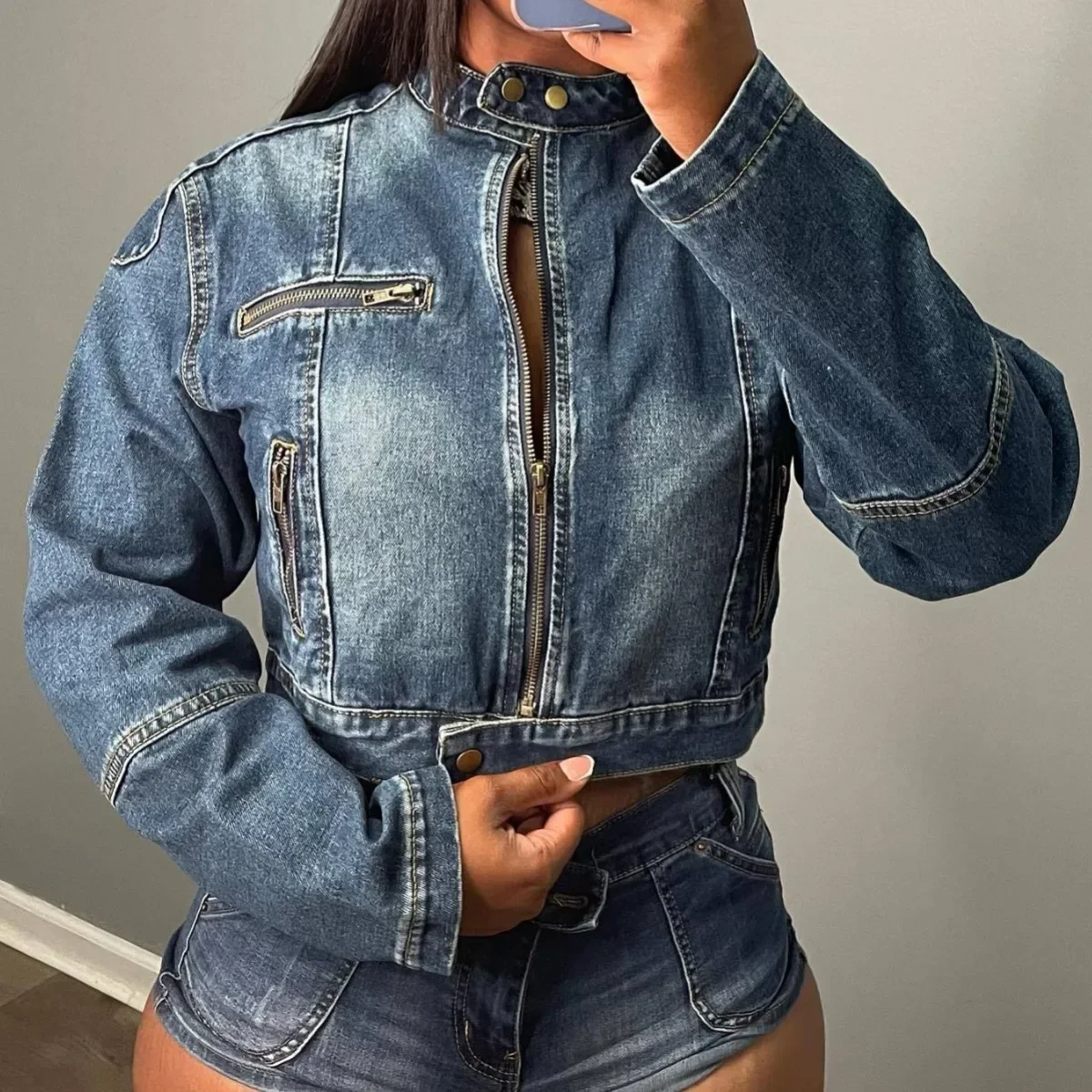

Tracksuit Matching Sets Sexy Denim Spliced Shorts Long Sleeve Zipper Distressed Washed Jackets Short Sets Skinny Streetwear