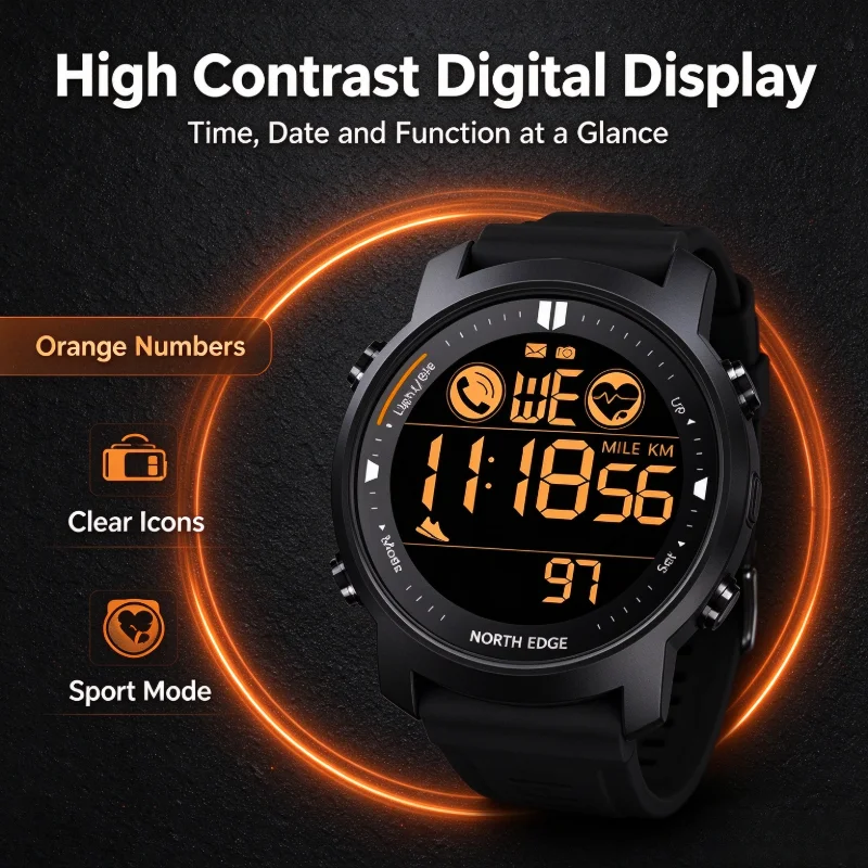 North EDGE LAKER Android IOSMen Digital Watch Military Waterproof 50M Running Exercise Pedometer Stopwatch Heart Rate Wristband