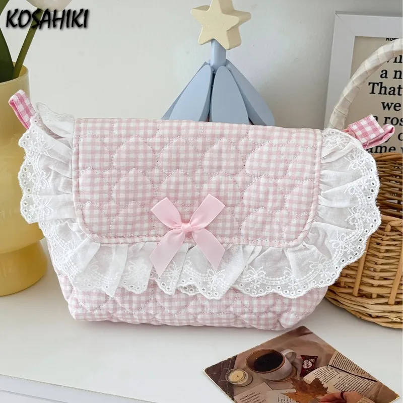 

Luxury Design Fashion All Match Handbags Sweet Y2k Aesthetic Plaid Shoulder Bags Patchwork Lace Kawaii Bow Crossbody Bags Women