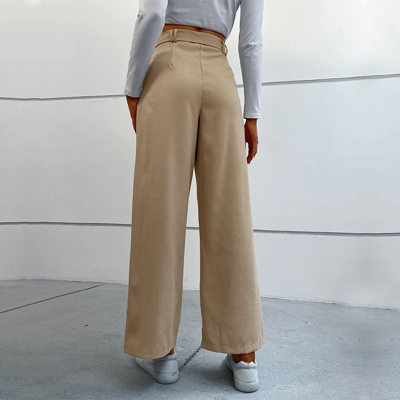 Wide Leg Pants Women 2022 Autumn High Waist Lace-Up Curduroy Trousers Solid Colour Casual Full Length S-XL Khaki