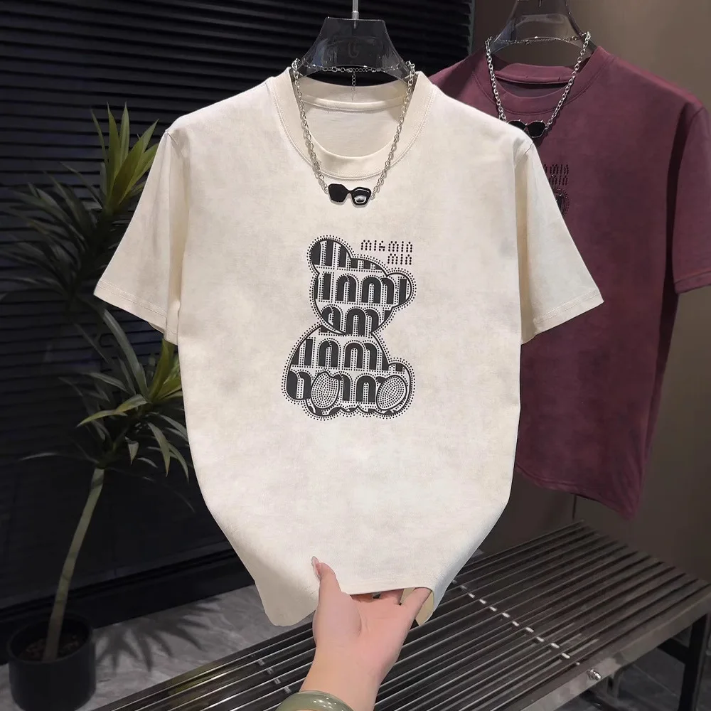 Summer New Trendy Rhinestone Printed Short T-Shirt Men's Fashion Casual Breathable Half Sleeve Ins
