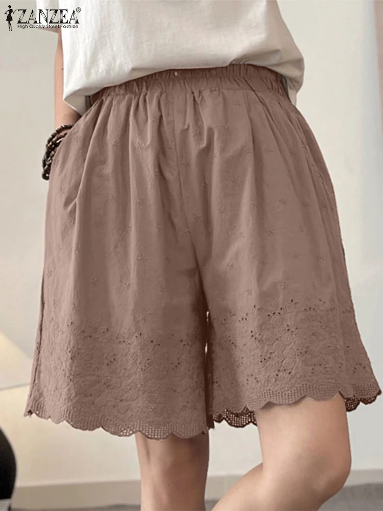 ZANZEA Women Fashion Trousers Elastic Waist Embroidery Solid Color Loose Casual Shorts Summer 2024 Lace Trim Elegant Short Pant