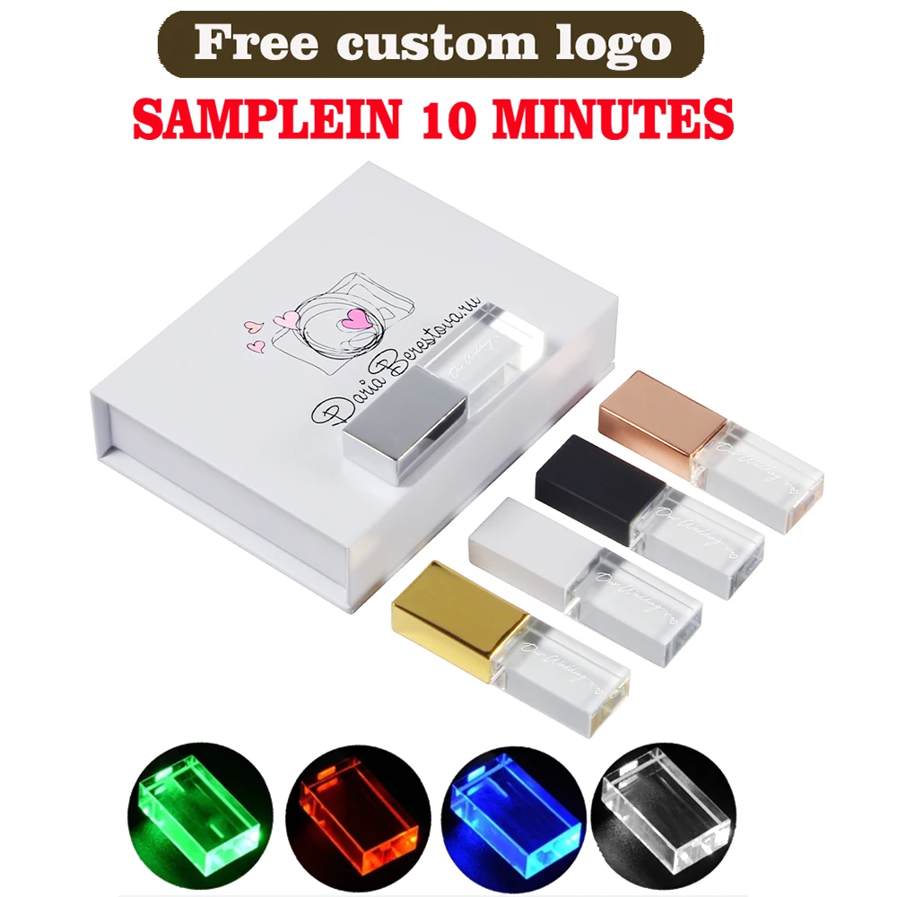 

Crystal USB Flash Drive 128GB Free Custom Logo Pen Drive 64GB White Box Memory Stick 32GB Blue LED USB Device 16GB USB Stick 8GB