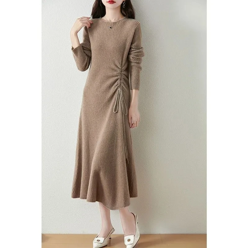 Wool Dress 2026 Autumn And Winter Women's Fashion Round Neck Knitted Wool Long Skirt Solid Color Long Drawstring A-line Skirt