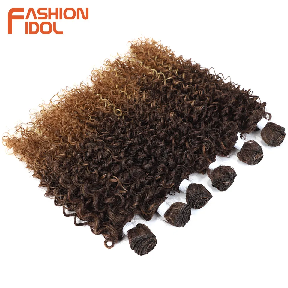 FASHION IDOL Afro Kinky Curly Hair Extensions 14-18 inch 6PCS Synthetic Hair Bundles Weave Ombre Brown Fake Hair