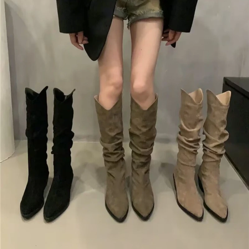 Women Western Boots Korean Style Autumn Retro Pointed Toe Long Boots Thick Heel Outdoor Hiking Shoes Botas De Mujer Largas