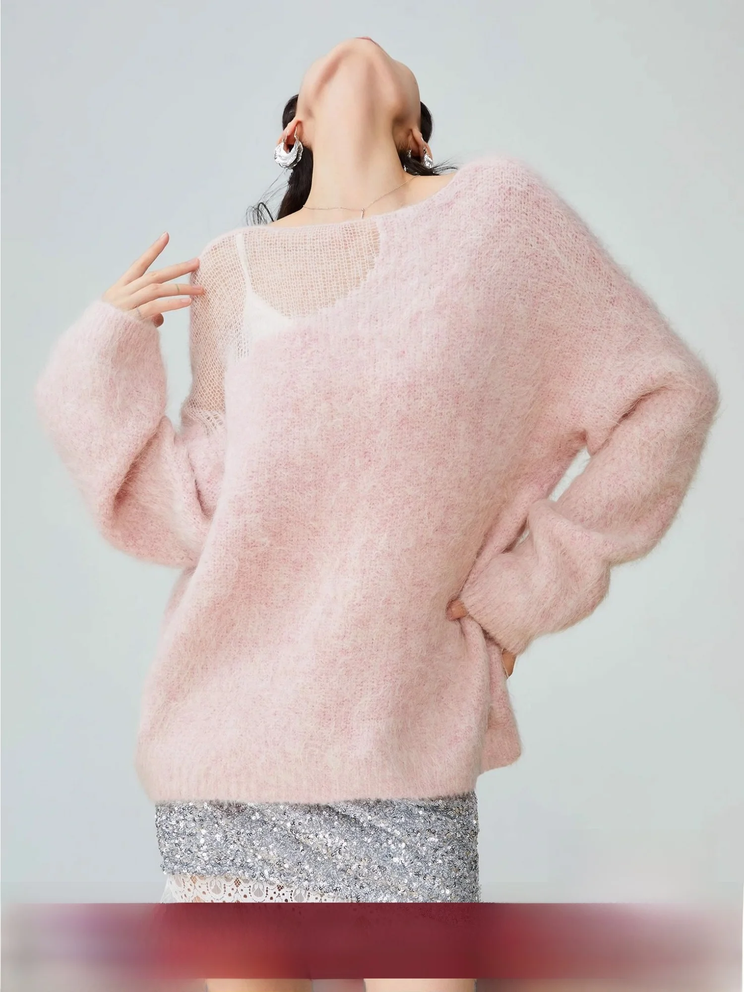 

Pink oulder-baring Knitted Sweater Women's Loose Comfortable Korean Sle Spring New Lazy Sle Polyester Fiber Long Sve...