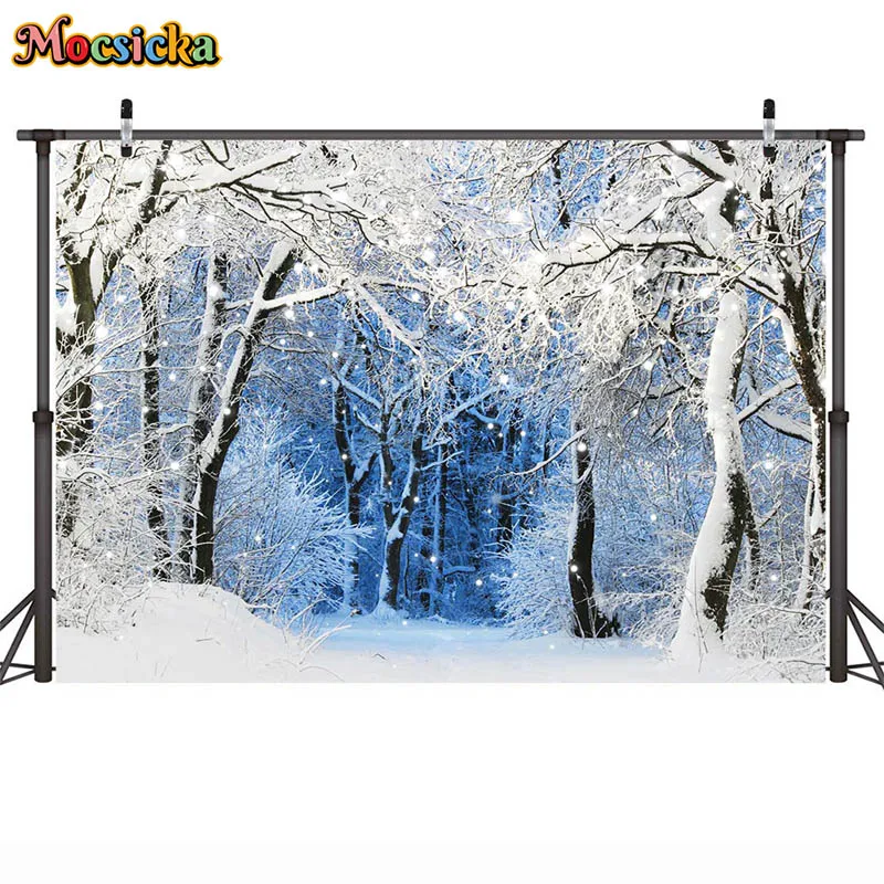 Magical Winter Landscape Photography Background Path Between Snowy Trees in Forest Glow Strip Lights Decor Backdrop Photo Studio