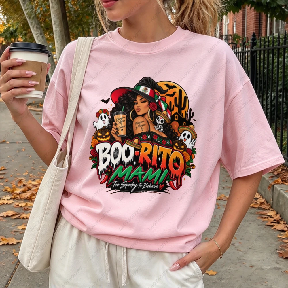 Boo Rito Mami Mexican Witch Latina Graphic Women Casual Short Sleeve T-Shirt Funny Spooky Cute Mexican Halloween Gift Blouse
