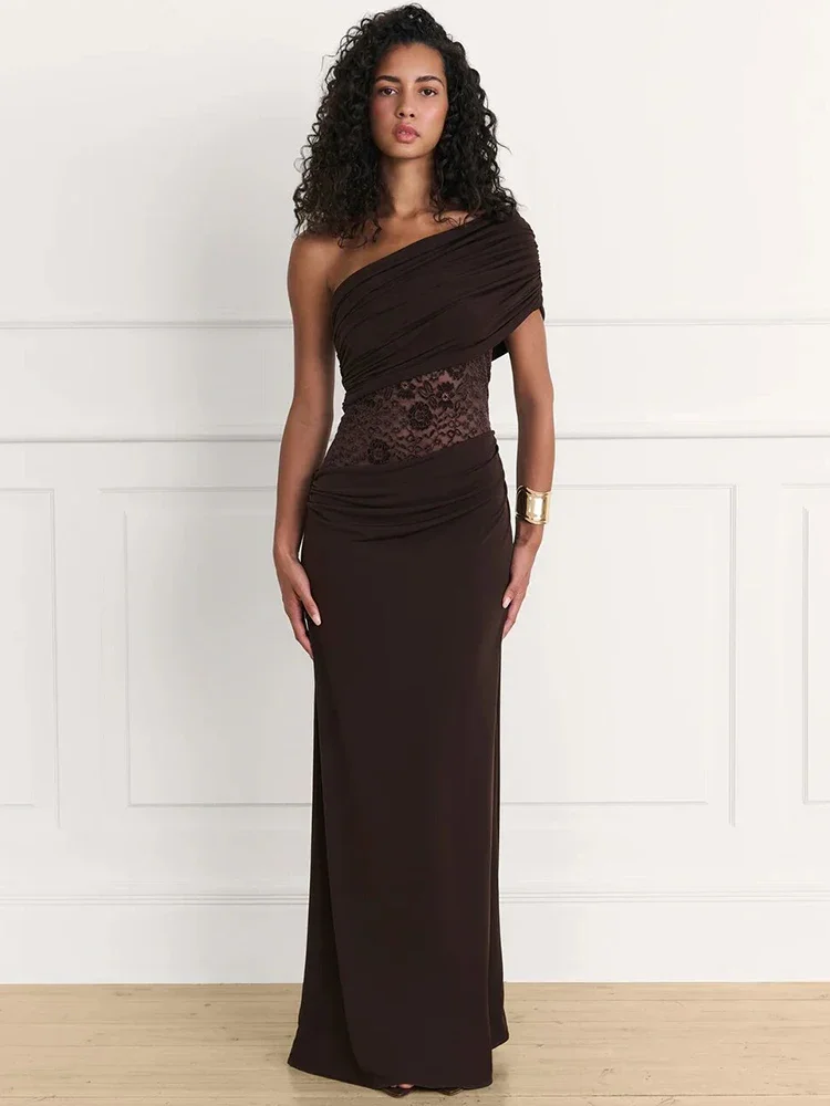 

One Shoulder Backless Sexy Maxi Dress Women Elegant Lace Patchwork Skew Collar Sleeveless Bodycon Club Party Long Dress