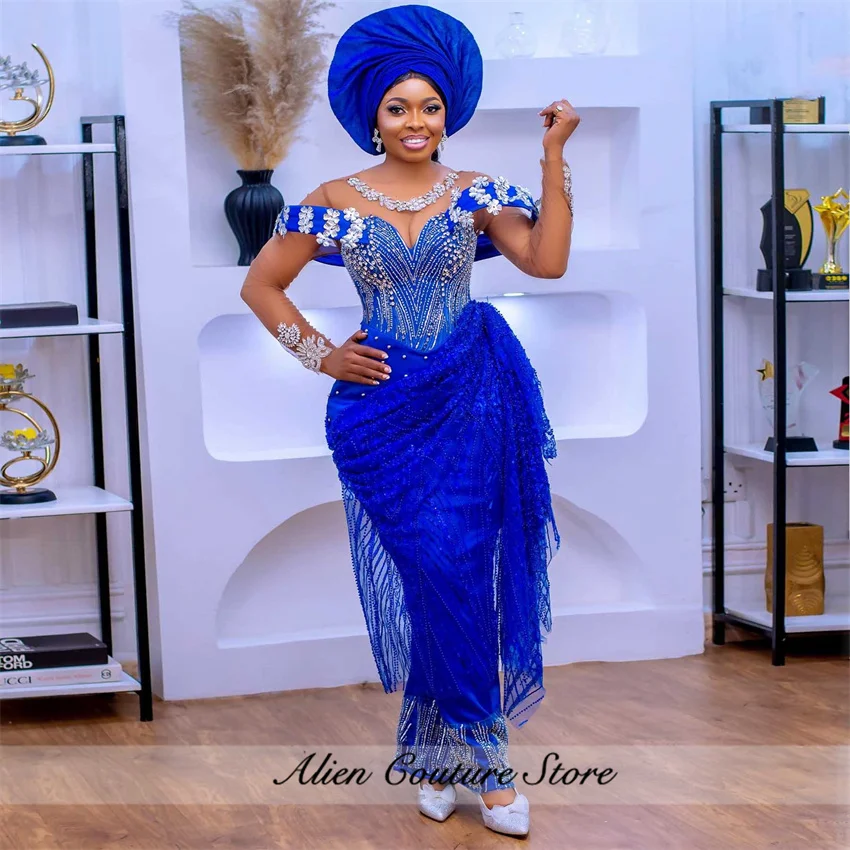 Vestidos de Noche nigerianos de sirena azul real con cuentas de cristales Aso Ebi hasta el suelo vestido de fiesta Formal de cumpleaños personalizado