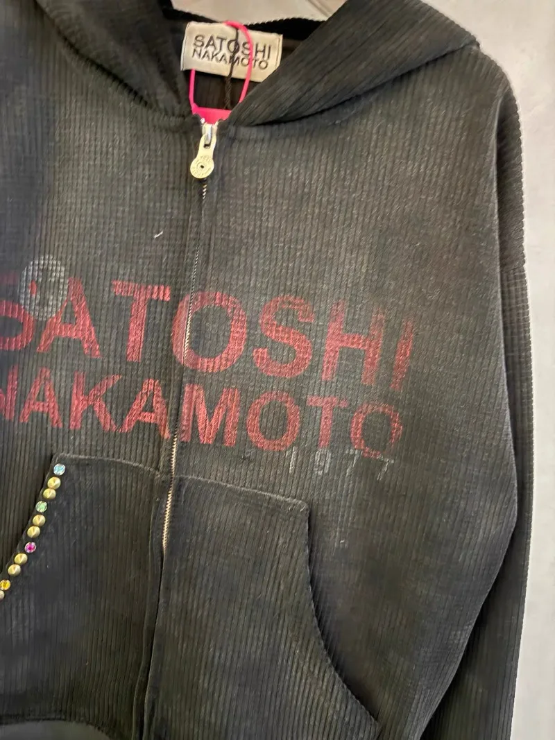 Satoshi Nakamoto Letter Print Hooded Jackets Men Women Colorful Rivets Washed Black Zipper Hoodies