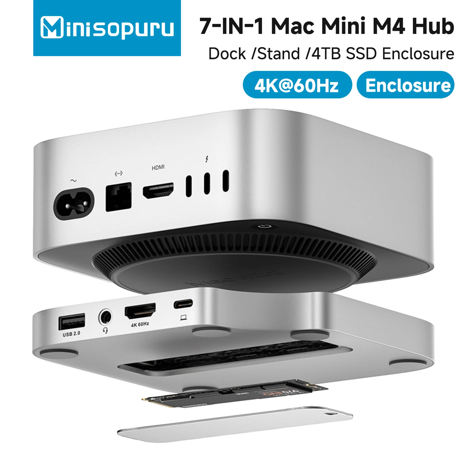 Dock Minisopuru Mac mini M4 dengan HDMI 4K@60, Enclosure SSD M.2 NVMe 8TB, Hub Stand Mac mini untuk Mac mini M4 dan M4 Pro 2024