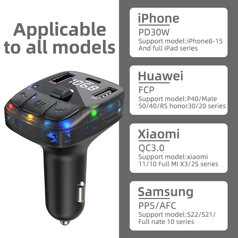 Car FM Transmitter 30W PD Type C Dual USB Fast Car Charge Ambient Light Bluetooth 5.3 Handsfree MP3 Player Car FM Modulator