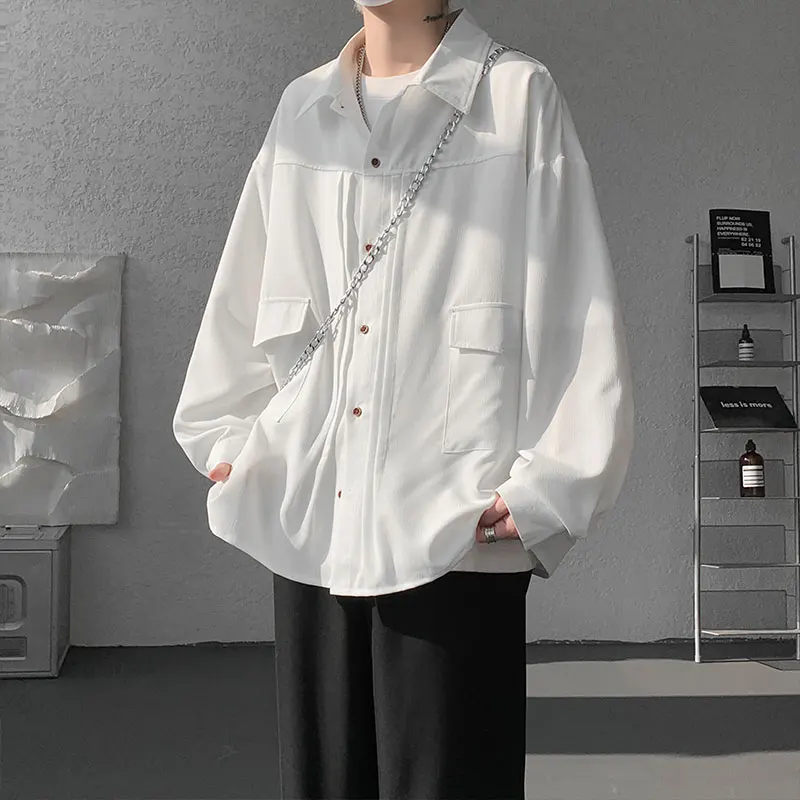 M-XXXXXL Solid Color Long Sleeve Casual Shirt Single Breasted Pocket Loose Fit Blouse Spring Autumn Top Streetwear Clothing Men