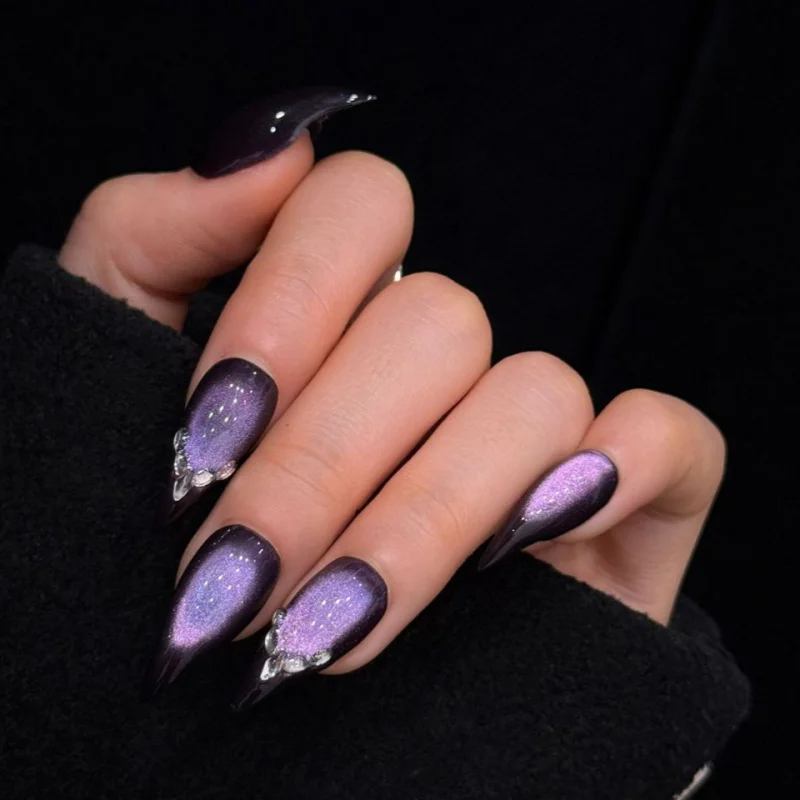 Curved Long Stiletto Dark Purple Cat Eye Press On Nails Crystal Rhinestone Gothic Glossy Cool Dark Aesthetic Reusable False Nail view 3
