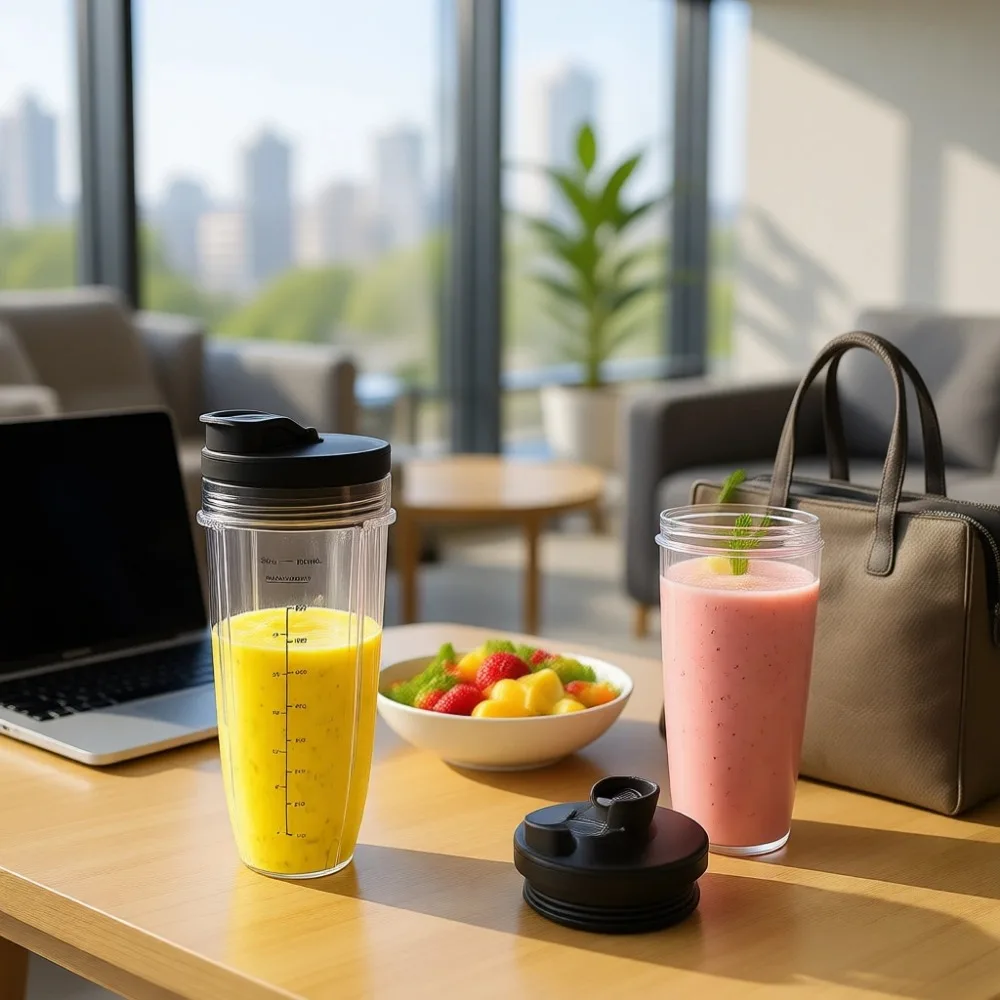 

Набор из 2-х стаканов для блендера объемом 32 унции с герметичными крышками для протеиновых коктейлей и ежедневных напитков, с поворотным механизмом открывания, совместим с различными моделями.