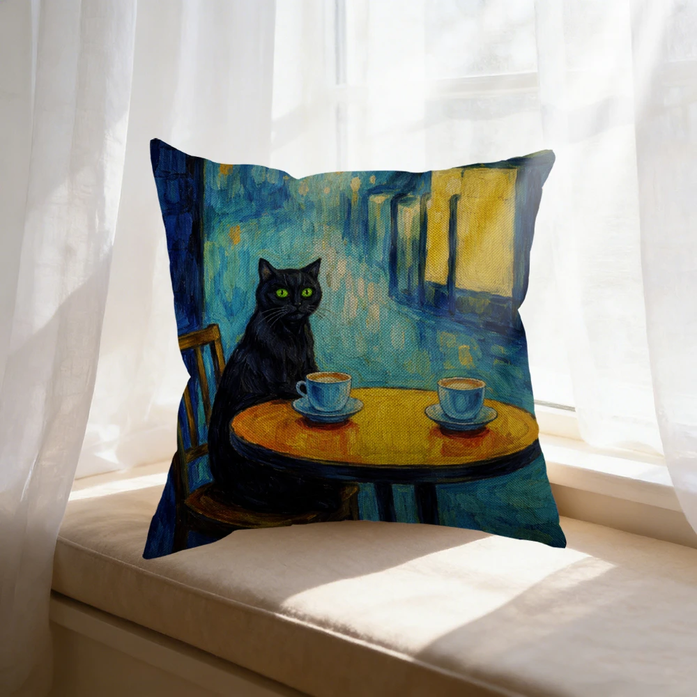 Cushion Cover Blue Black Cat At Cafe Table With Coffee Cups Art Print For Living Room Or Bedroom Decor