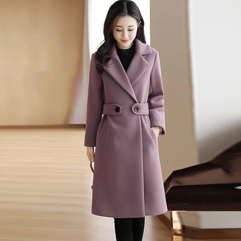 Wool Blend Coat for Women Long Plain Slim Fit Mixtures Jacket Woman Blouson Hot Korean Style Clothing Casual Medium Luxury Cheap