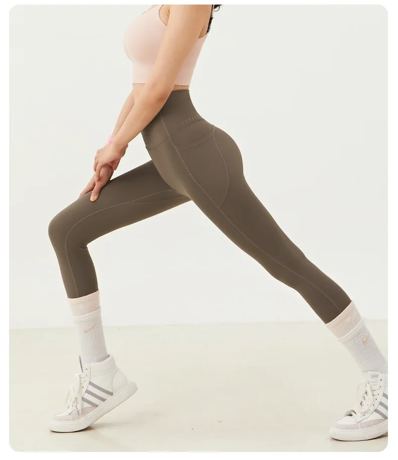 Yoga-Hose für Damen, hohe Taille, pfirsichfarben, hüftformend, schnell trocknend, mit Taschen, ohne Unterwäsche, Fitness-Gym-Hose – Detail 7