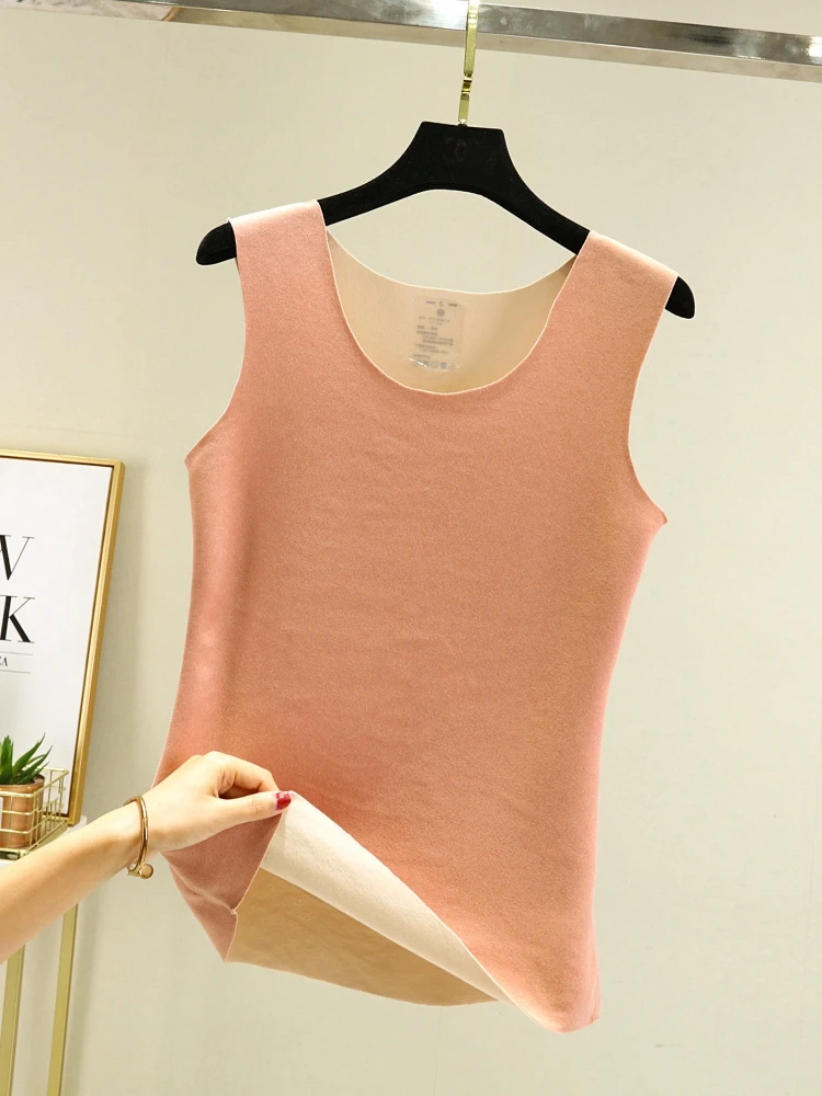 Thickened Fleece Warm Vest Women's round Necklined Jacket Soft Velvet Interior Design Autumn Winter Slim Fit Base Shirt