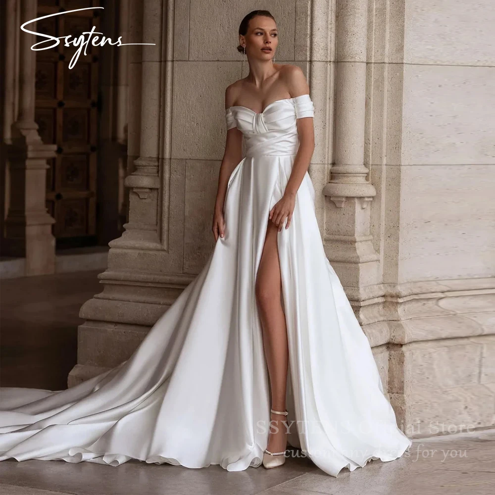 SSYTENS Sexy Formal Wedding Dresses For Women Off The Shoulder High Side Split Satin Bride Dress Civil Wedding Gowns Customized