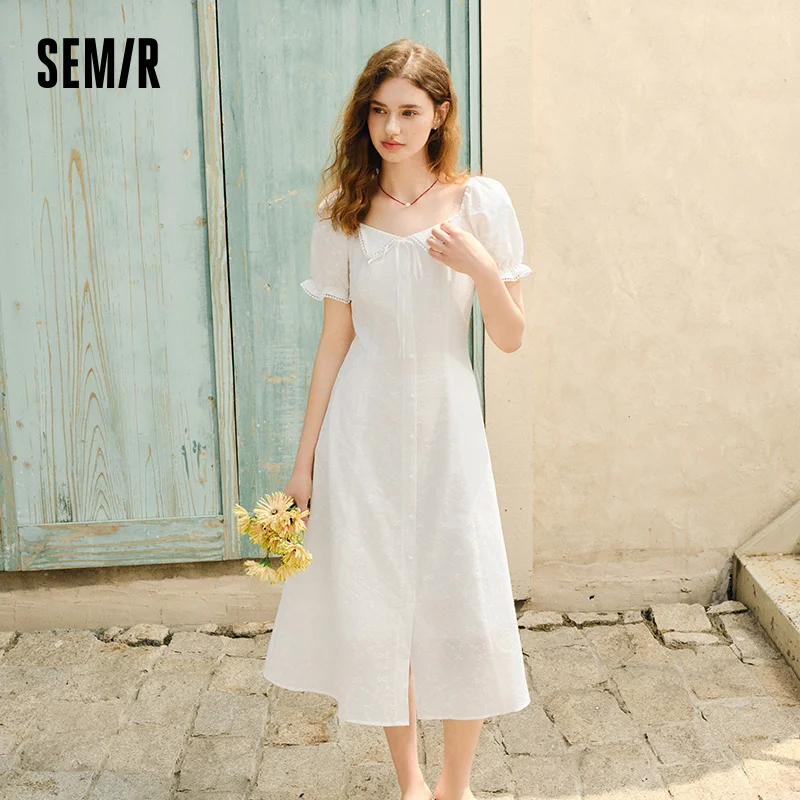 Semir Dress Women Embroidered Elegant 2025 New Summer Lace-trimmed Collar Puff Sleeve Little White Dress for Summer