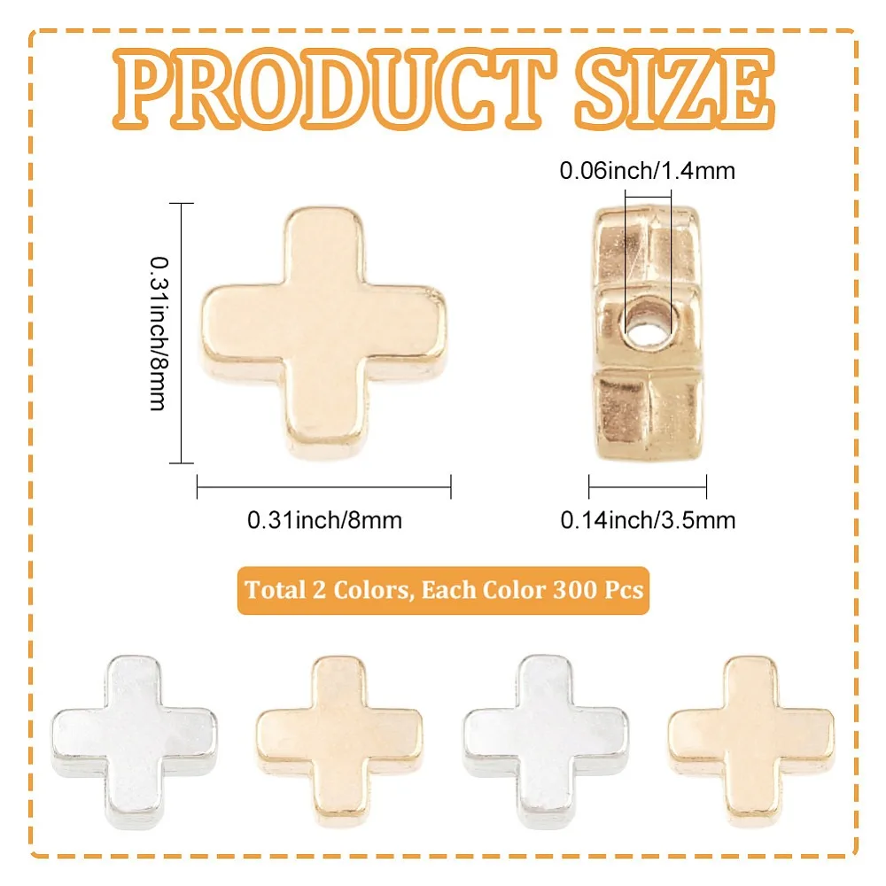 600Pcs 2 Colors CCB Plastic Beads Platinum Light Gold 8x8x3.5mm Hole: 1.4mm 300pcs/color