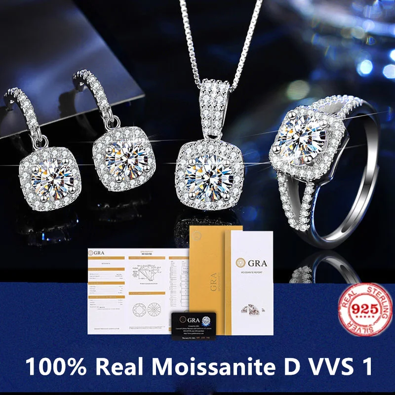 

100% genuine moissanite ring necklace earrings set s925 sterling silver version D VVS1 women's wedding ring GRA certificate jewe