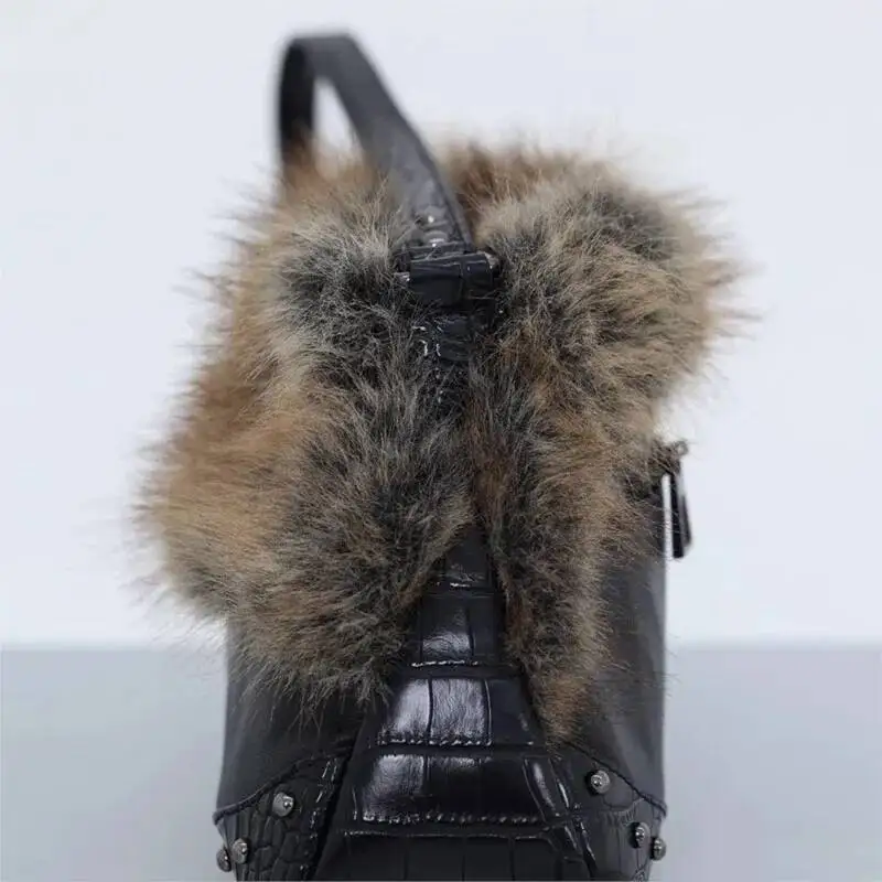 Bloom Vintage Black Plush Shoulder Bags Women Hot Girl Sweet Cool Studded Star Embroidery Handbag Ladies Y2k Punk Underarm Bag