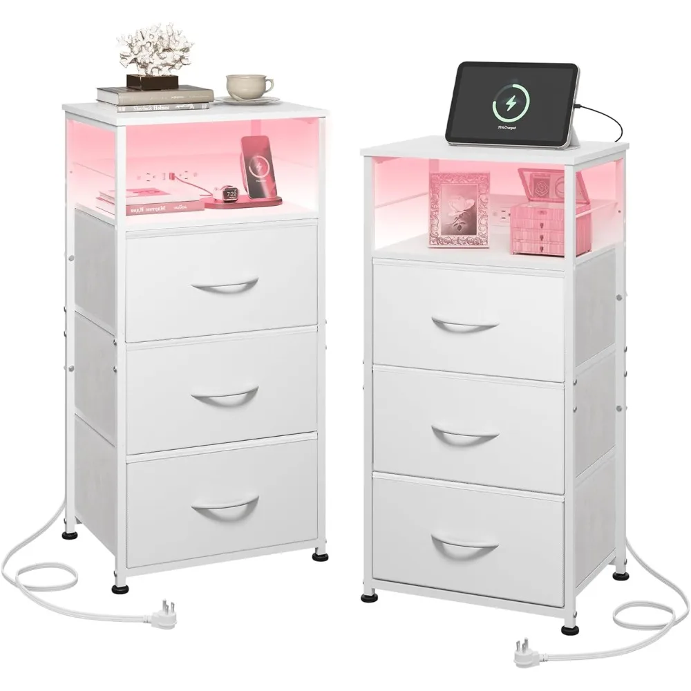 

Night Stand Set of 2 with Charging Station, LED Nightstand Sets with 3 Fabric Drawers, Tall Bedside Table with 3 USB Ports and