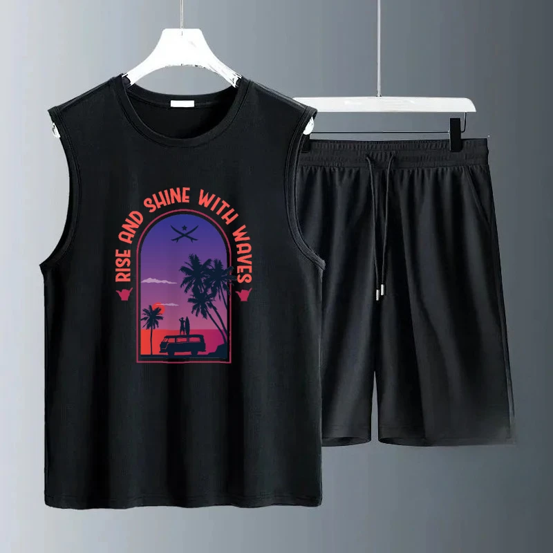 

2025 Men Summer Purple sunset fan bus print Sleeveless Casual Sets Breathable Comfortable Fashionable suit tracksuits gym sets
