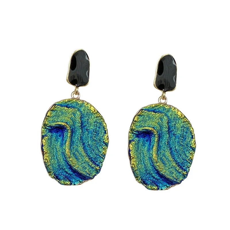 

Turquoise Geometric Volcano Earrings For Women Oil Painting Retro Eardrop French Style Luxury Trendy Wedding Jewelry