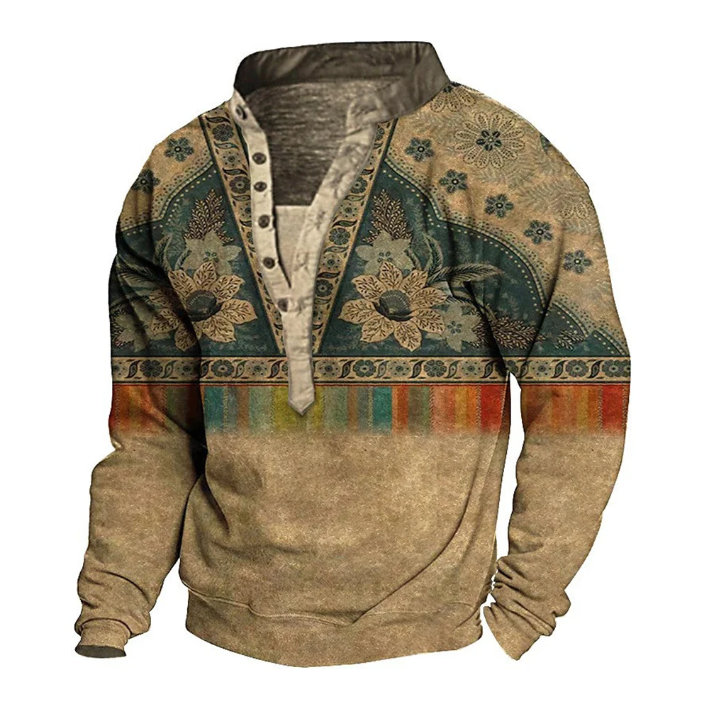 Men Tribal Totem  Ethnic Henley Collar Sweatshirt Graphic Pullover T Shirt Tops