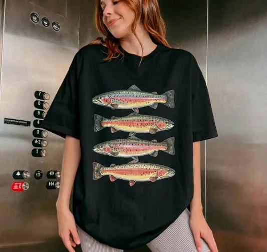 2026 Fashion New Women Summer Crew Neck Short Sleeve Heavy Cotton T Shirt Rainbow Trout Graphic Print Fishing Outdoorsy Tee Versatile Base Layer Outdoor Casual Basic Top Tee