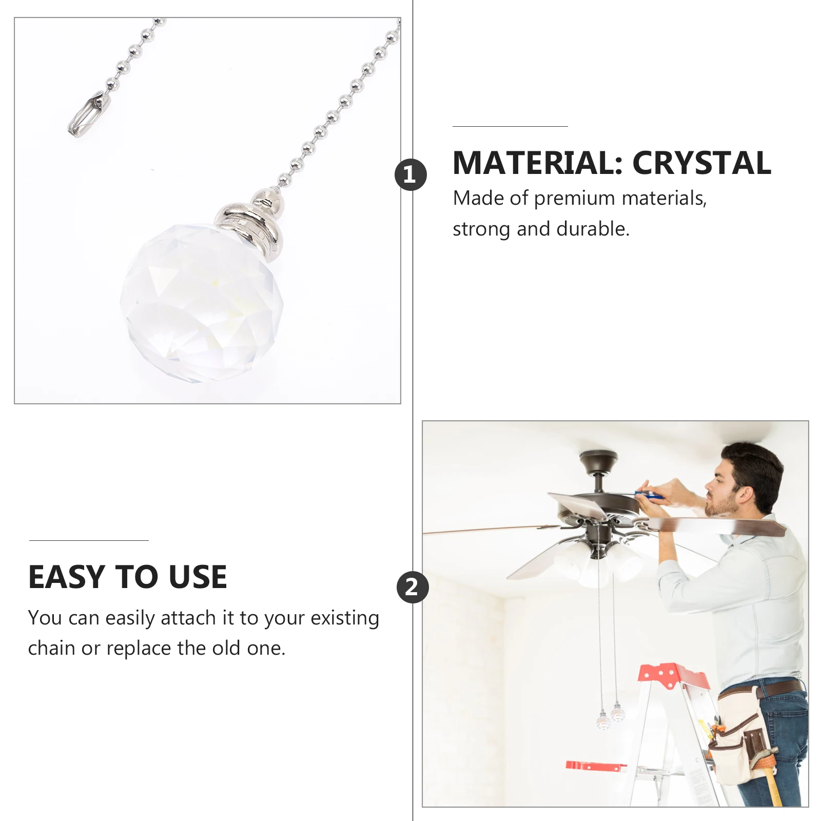 2 قطعة تركيب المصابيح كريستال الكرة معلقة قلادة لمروحة السقف سحب سلسلة تمديد ديكور الغرفة الحديثة #3