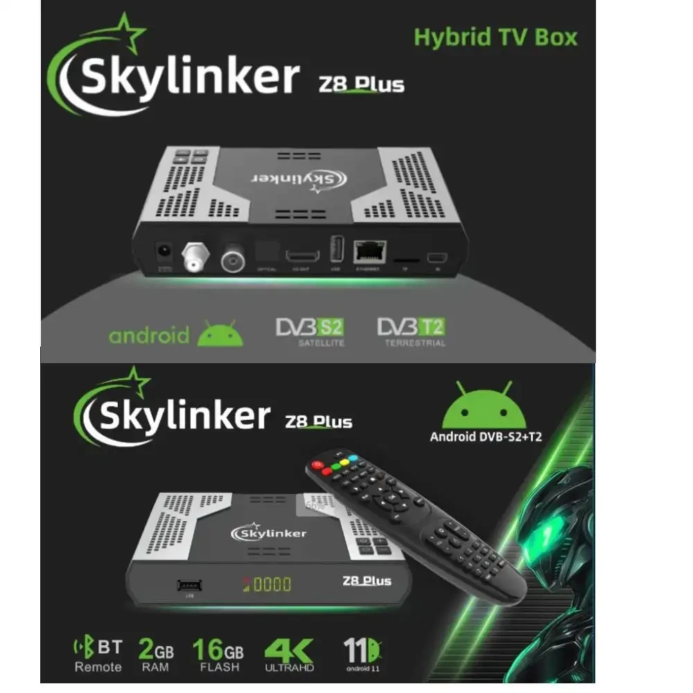 Skylinker Z8 Plus Hybrid Android9 OTT+ DVB-S2+DVB-T2 HD 4K TV Box FTA H. 265 2+16 جيجا بايت 5 جيجا واي فاي BT4.2 مقابل ميكول kt2