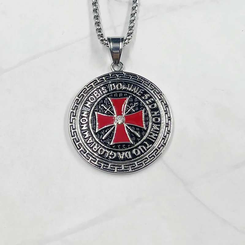 Hip hop Knights Templar Iron Cross Pendant Necklace Cubic Zirconia Stainless Steel Ordre du Temple for Male Men Rock Jewelry