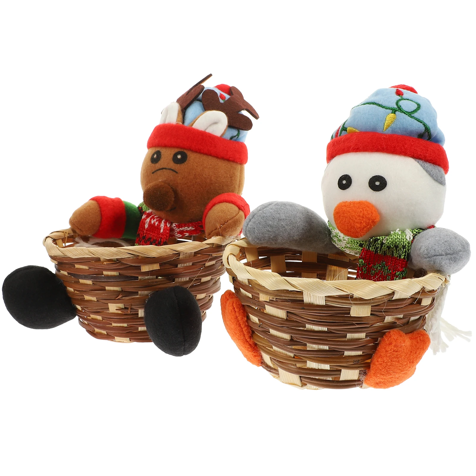 

2pcs Christmas Basket Xmas Gift Storage Woven Bamboo Holder Snowman Decorations Plushies Holiday Desk Adornment