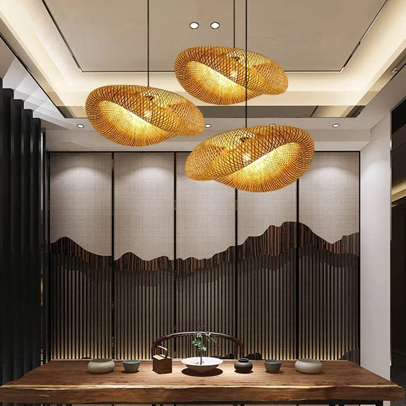 HandMade Bamboo Weaving LED Pendant Lamp Home Decor Hanging Chandelier Lighting Living Room Kitchen Vintage Rattan Woven Light