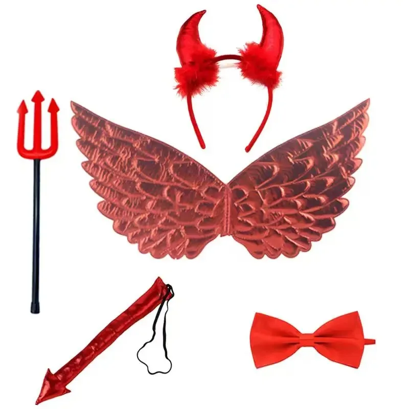 PESENAR ハロウィン レッドデビルコスチュームセット 悪魔の羽、ピッチフォーク、蝶ネクタイ、角付きヘッドバンド、尻尾アクセサリー付き 悪魔パーティー用